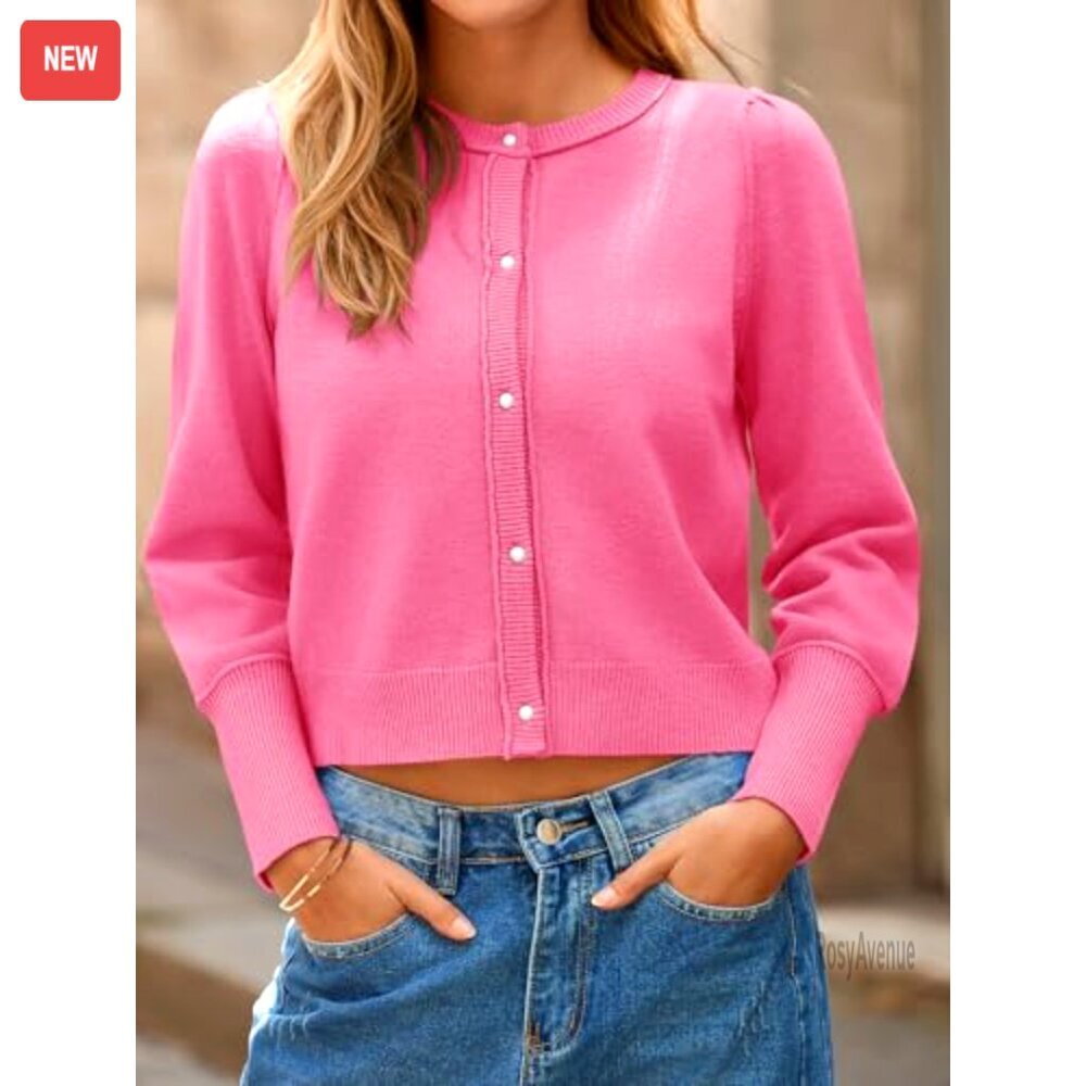 Cropped Cardigan Sweater Crew Neck Button Down Long Puff Sleeve Loose Knit - Picture 3 of 6